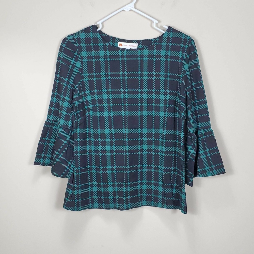 Jude Connally Small Black Green Bell Sleeve Plaid Top
